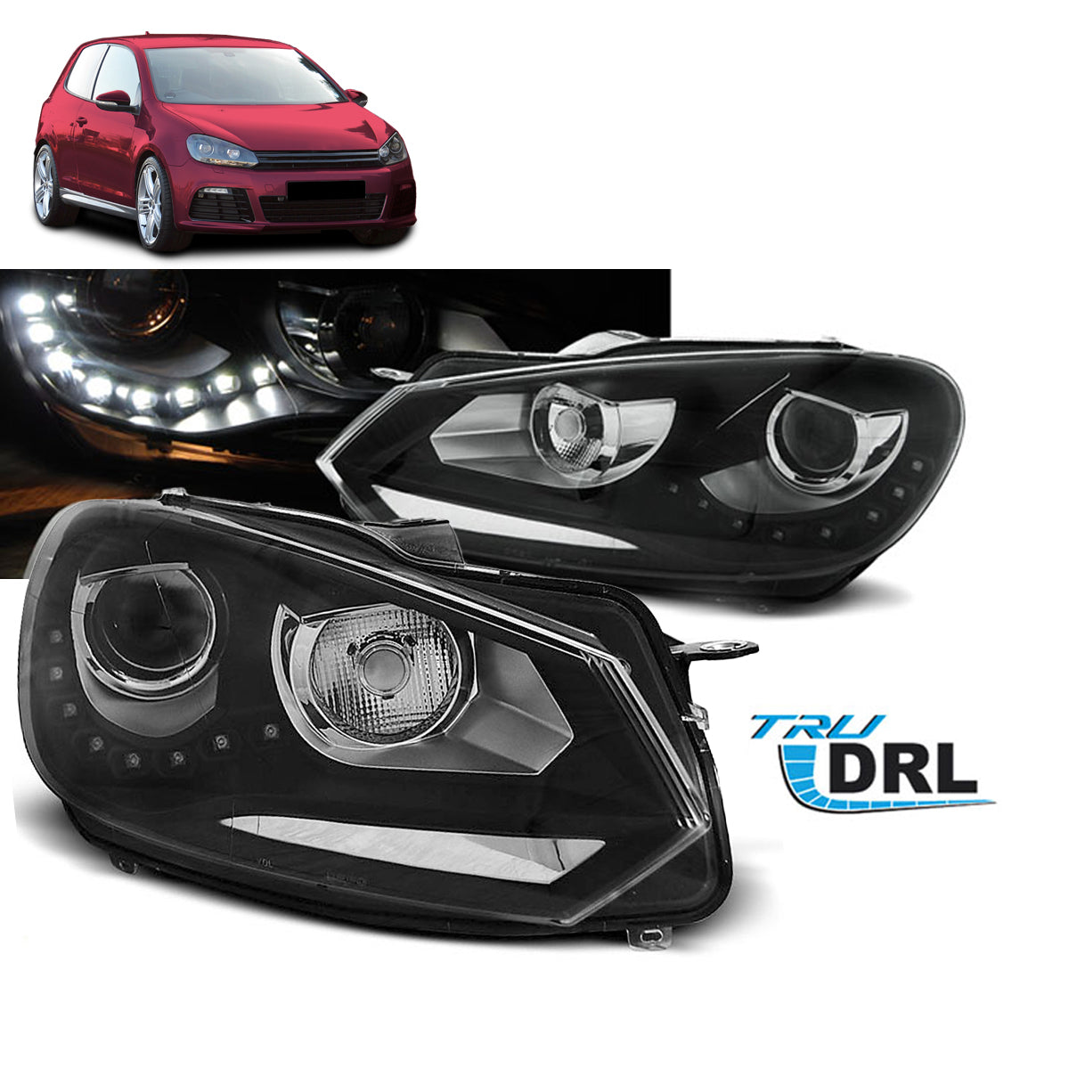 Scheinwerfer True DRL Schwarz passend für VW Golf 6 10.08-12