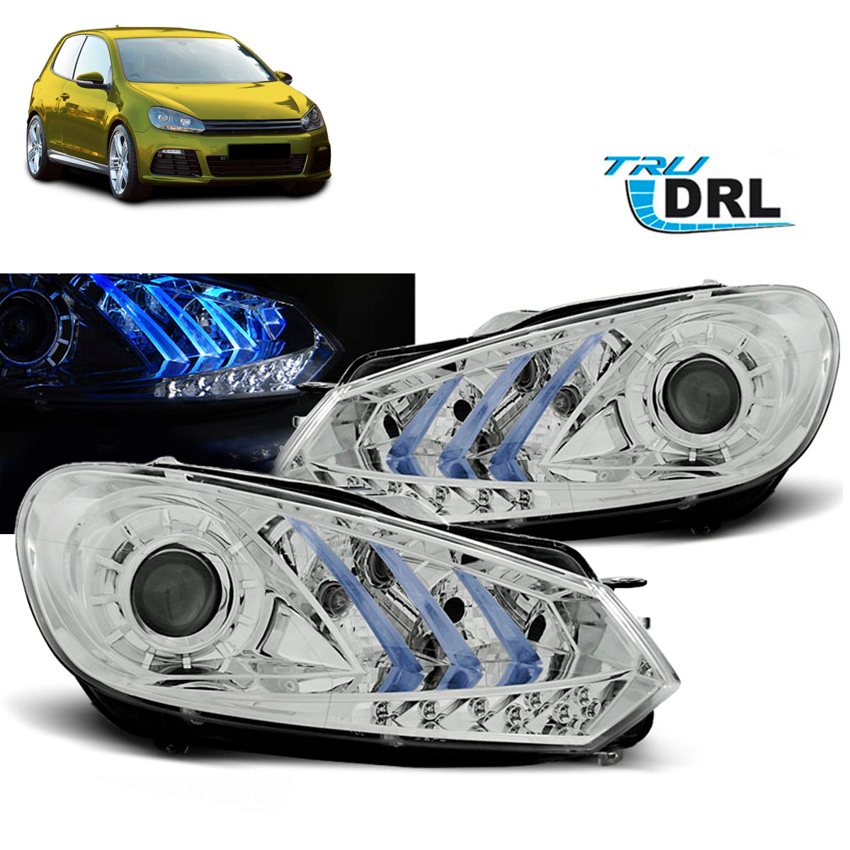 Scheinwerfer True DRL Chrom Blau Licht passend für VW Golf 6 10.08-12