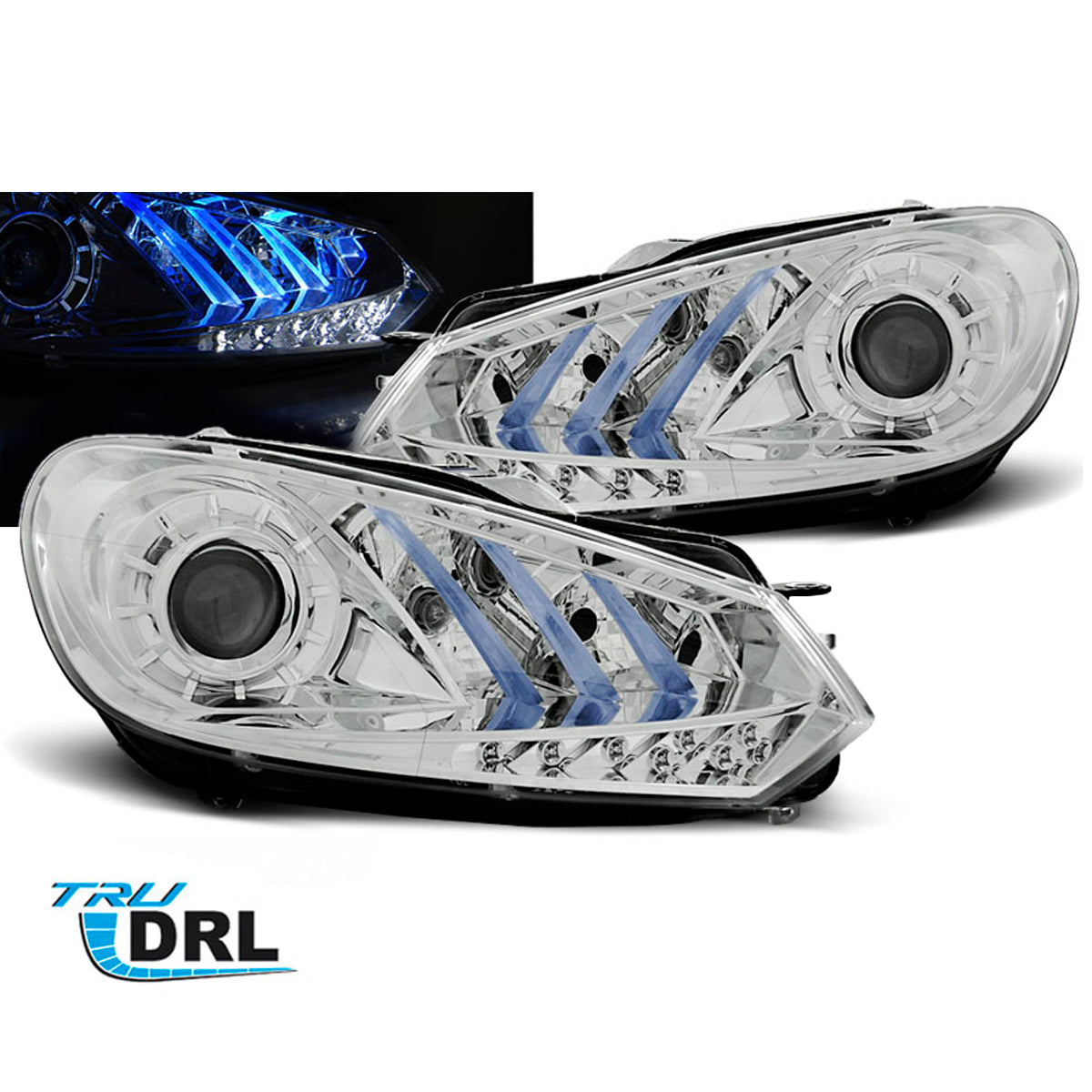 Scheinwerfer True DRL Chrom Blau Licht passend für VW Golf 6 10.08-12