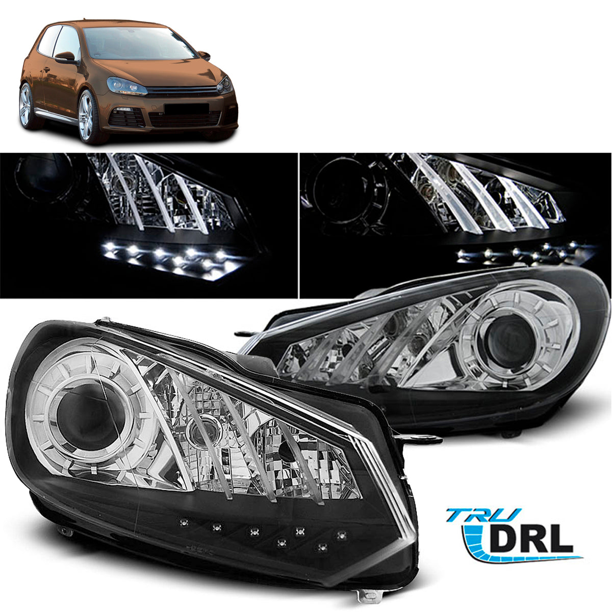 Scheinwerfer True DRL Schwarz passend für VW Golf 6 10.08-12