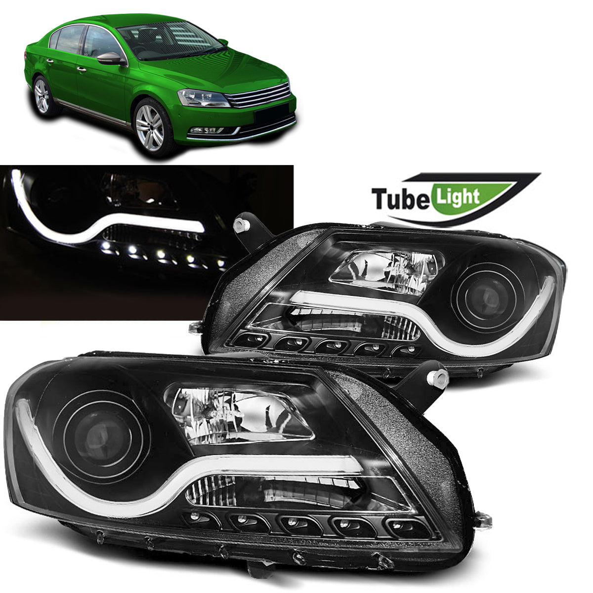 Scheinwerfer Tube Light Schwarz passend für VW Passat B7 10.10-10.14