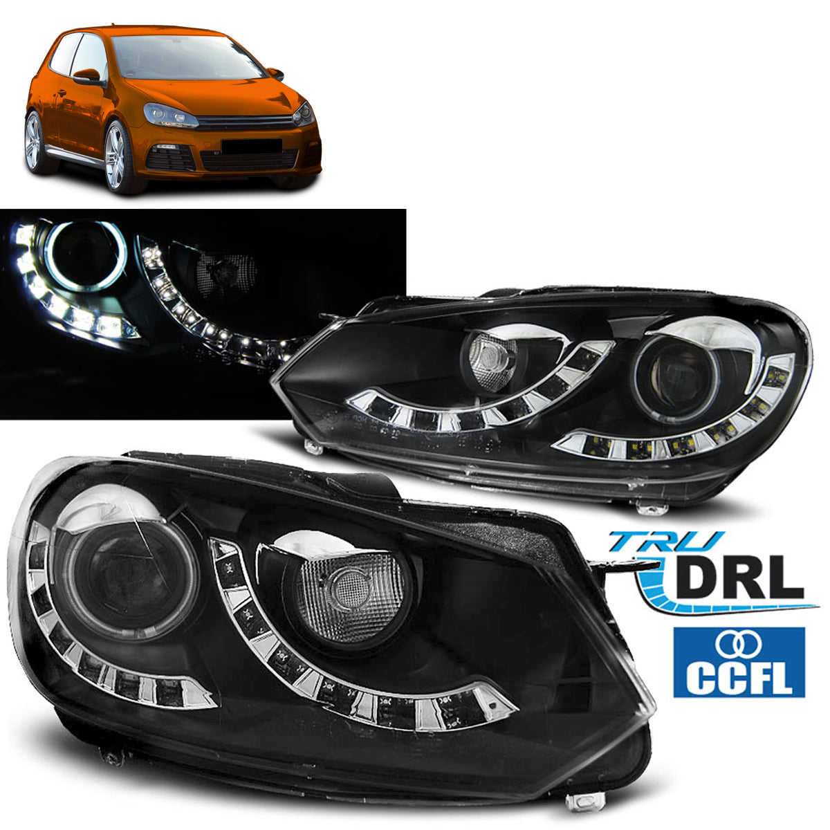 Scheinwerfer Single True DRL Schwarz passend für VW Golf 6 10.08-12
