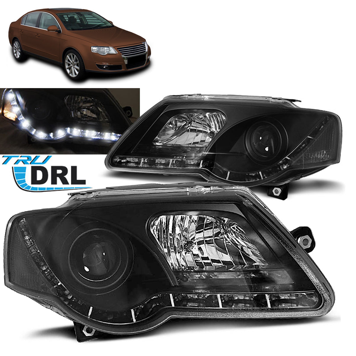 Scheinwerfer True DRL Schwarz passend für VW Passat B6 3C 03.05-10