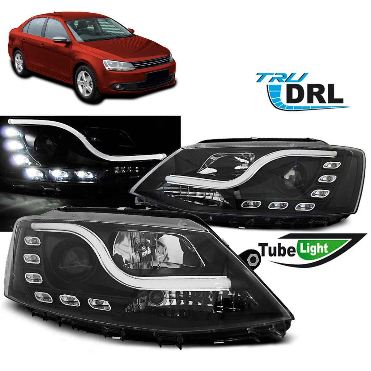 Scheinwerfer Röhrenlicht DRL Schwarz passend für VW Jetta VI 1.11-18