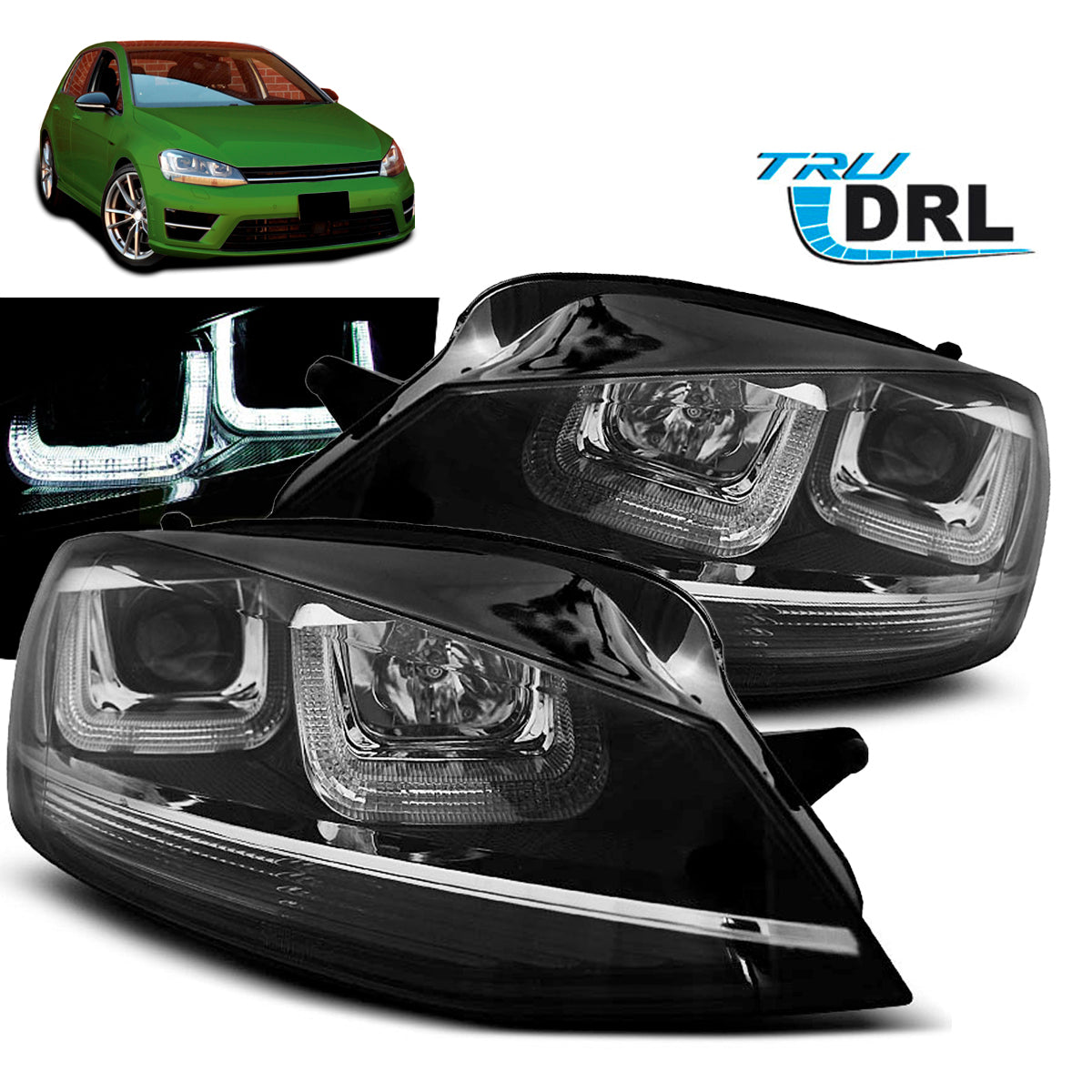 Scheinwerfer U-LED Licht Schwarz mit Chromlinie passend für VW Golf 7 11.12-17