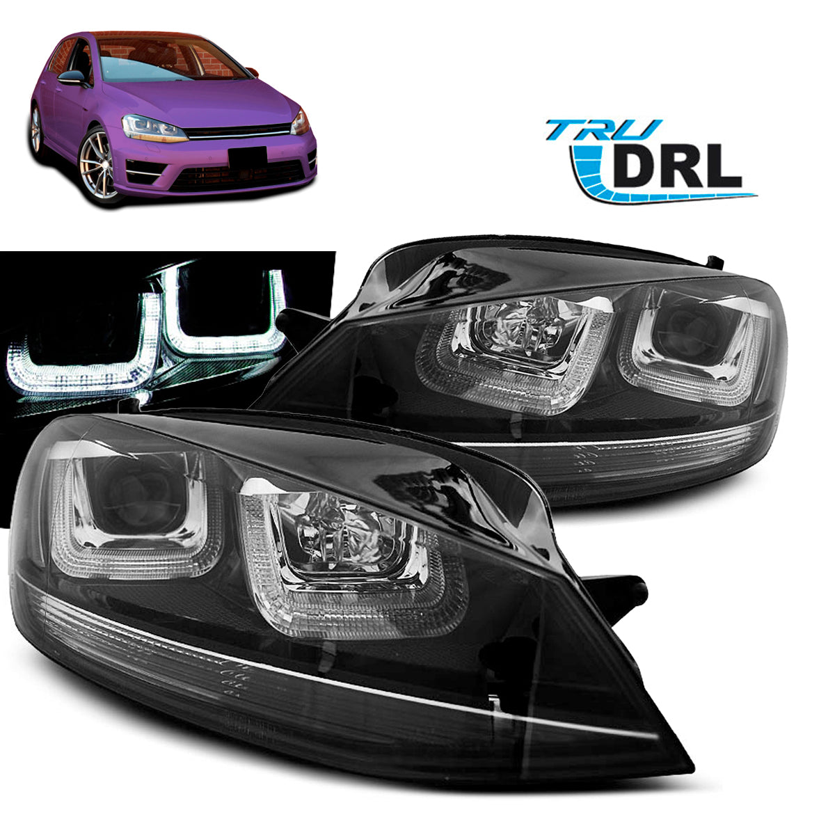Scheinwerfer U-LED Licht Schwarz mit schwarzer Linie passend für VW Golf 7 11.12-17