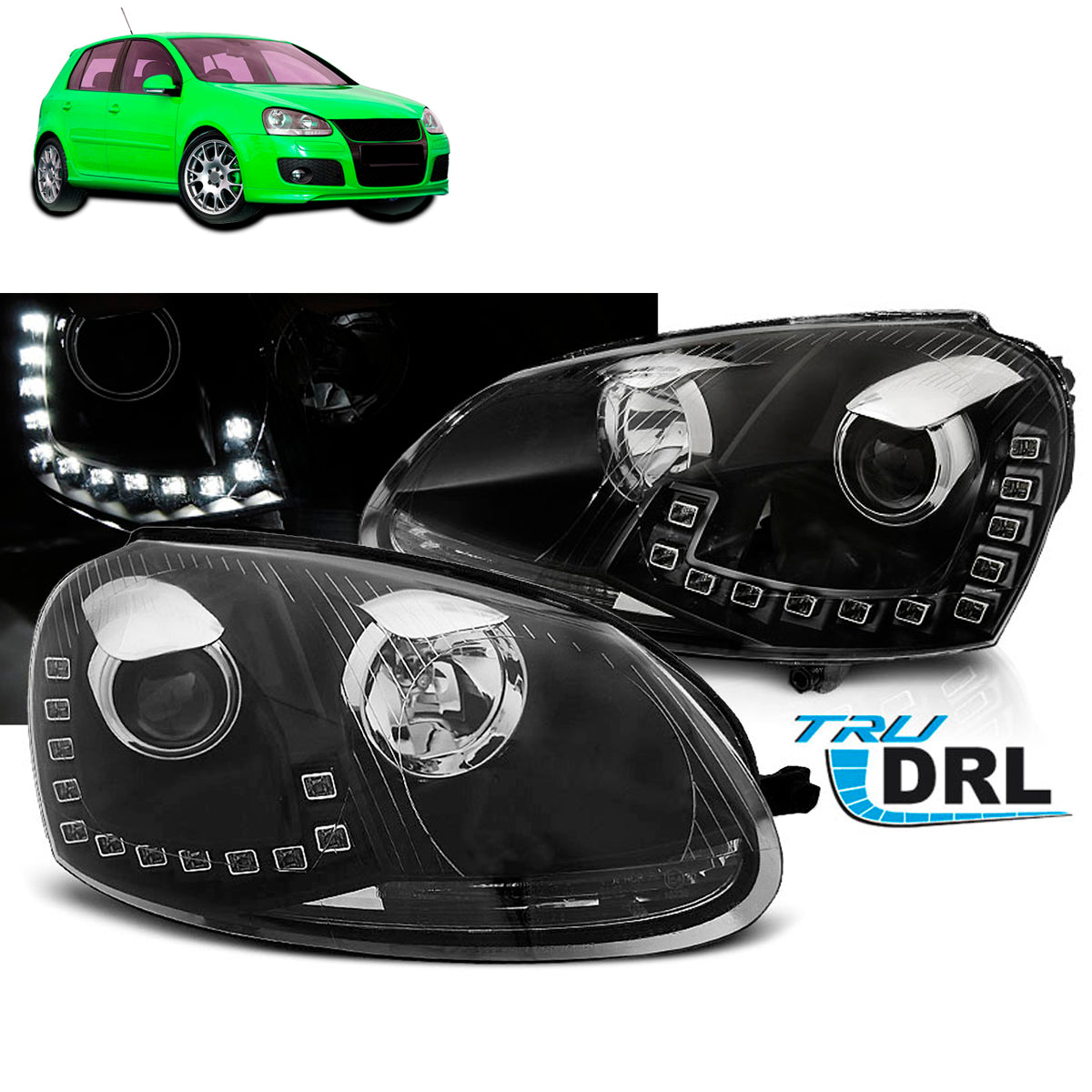 Scheinwerfer True DRL Schwarz passend für VW Golf 5 10.03-09