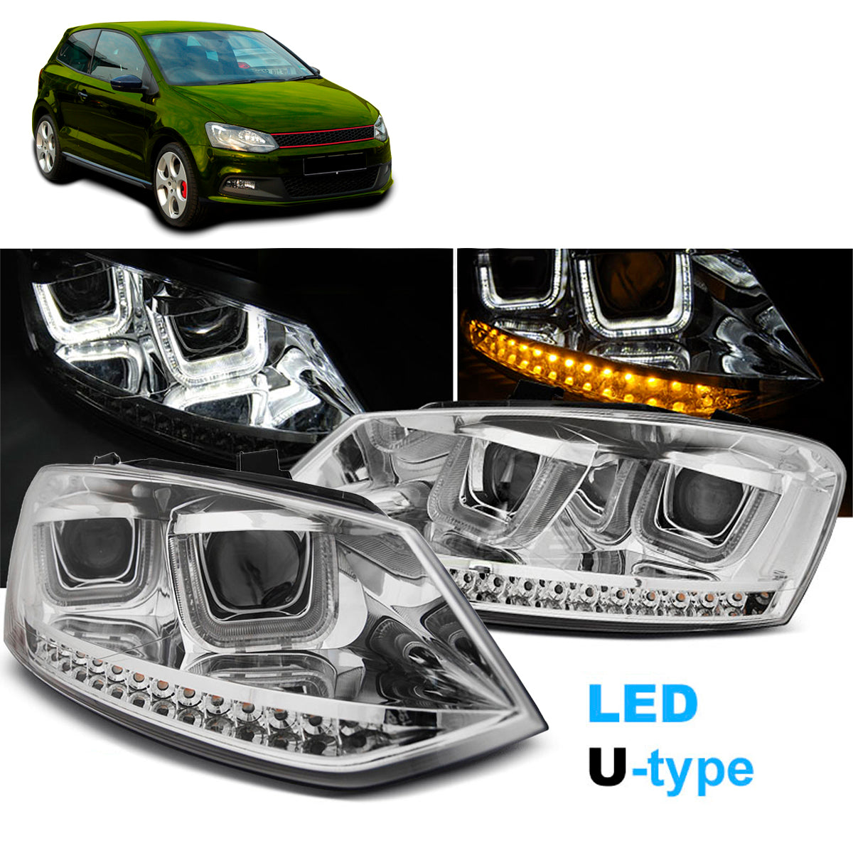 Scheinwerfer U-LED Licht Chrom passend für VW Polo 6R 09-03.14