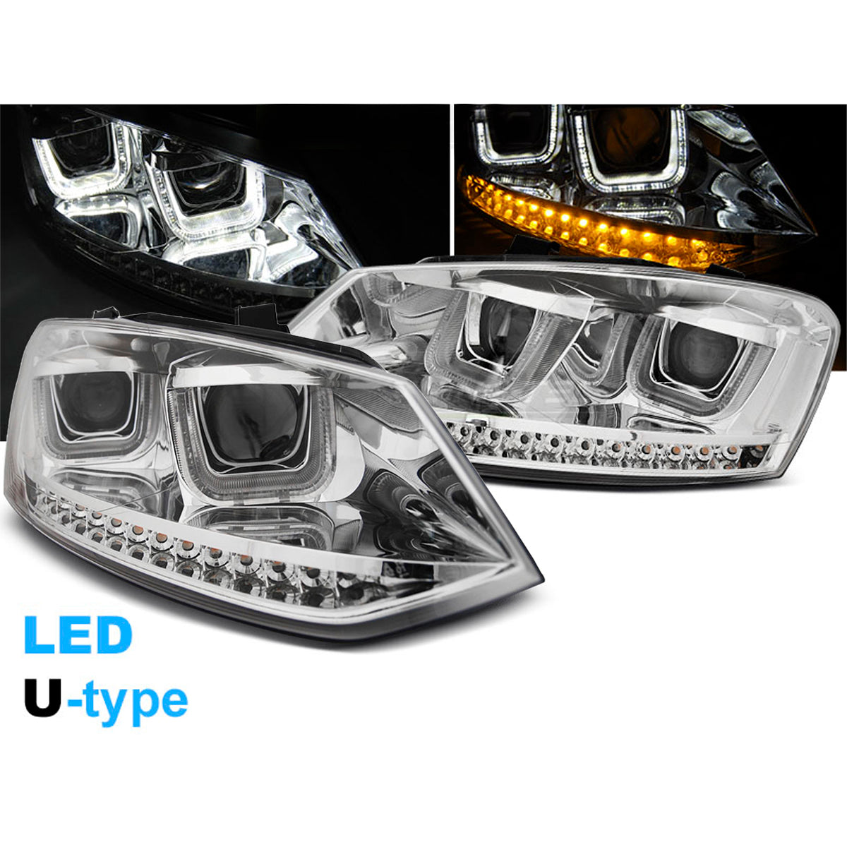 Scheinwerfer U-LED Licht Chrom passend für VW Polo 6R 09-03.14