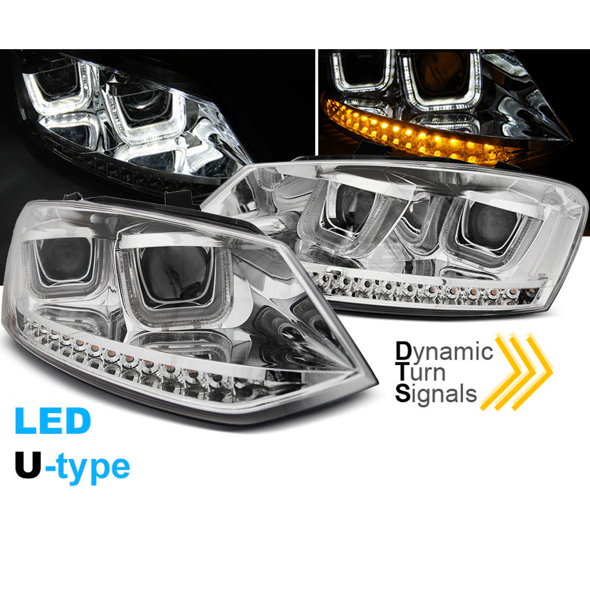 Scheinwerfer U-LED Licht Chrom SEQ passend für VW Polo 6R 09-03.14