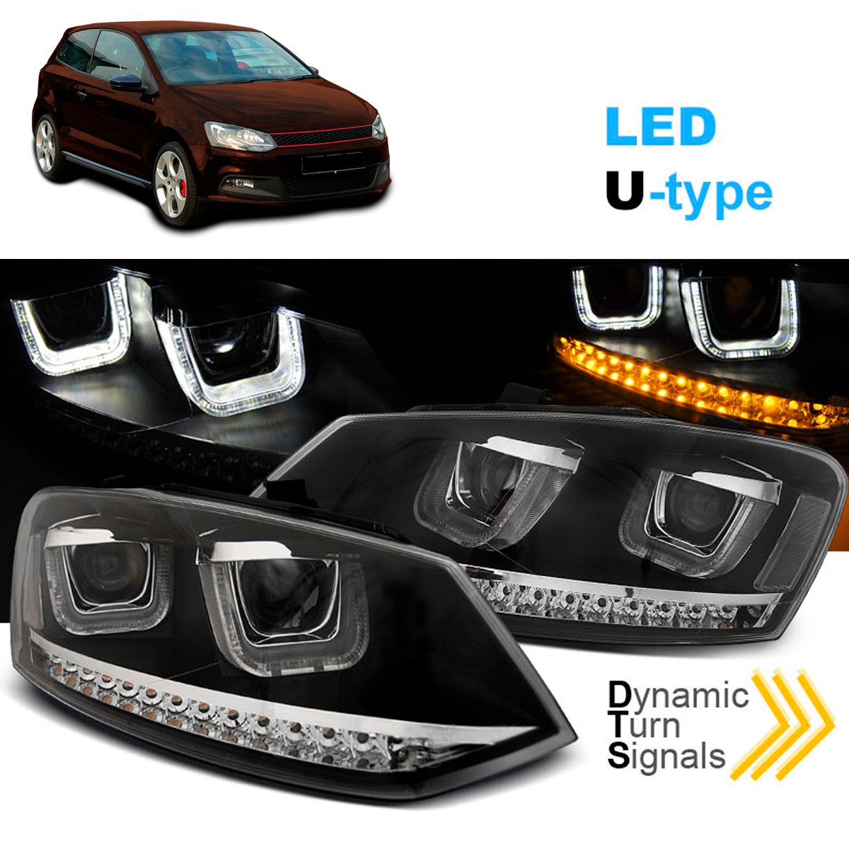 Scheinwerfer U-LED Licht Schwarz SEQ passend für VW Polo 6R 09-03.14