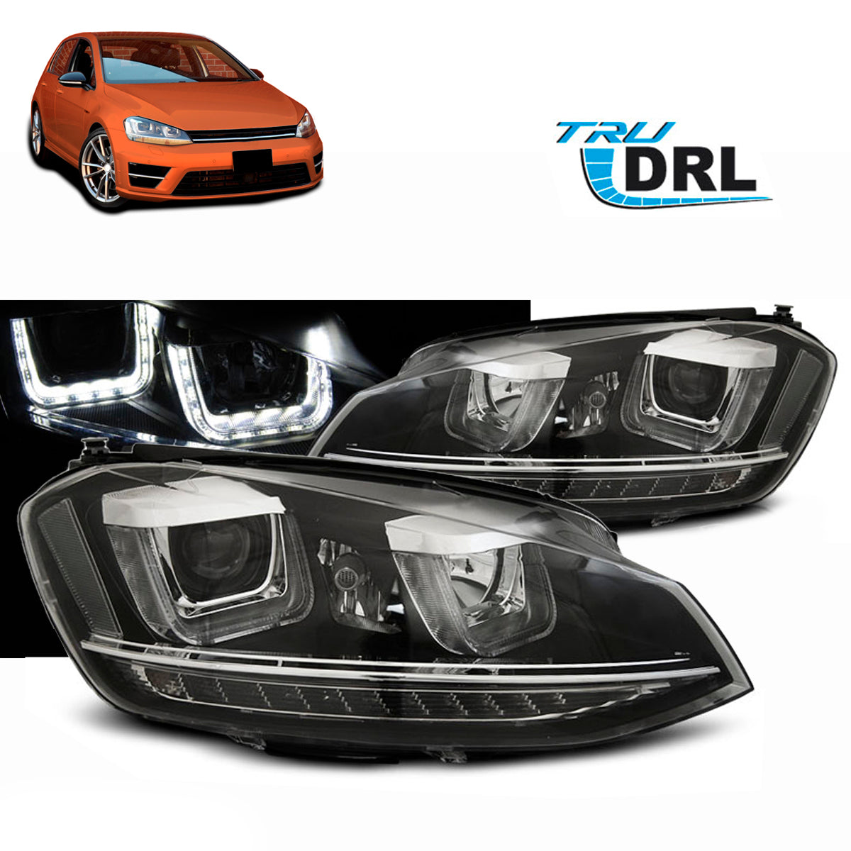 Scheinwerfer U-LED Licht DRL Schwarz passend für VW Golf 7 11.12-17