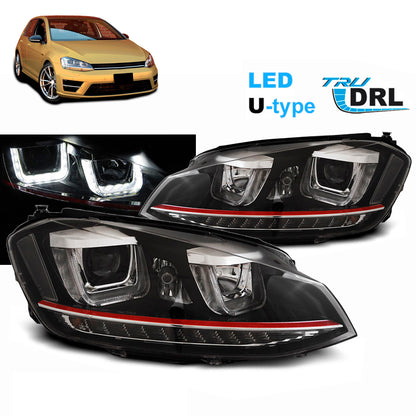 Scheinwerfer U-LED Licht DRL Schwarz Rot Linie passend für VW Golf 7 11.12-17