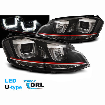 Scheinwerfer U-LED Licht DRL Schwarz Rot Linie passend für VW Golf 7 11.12-17