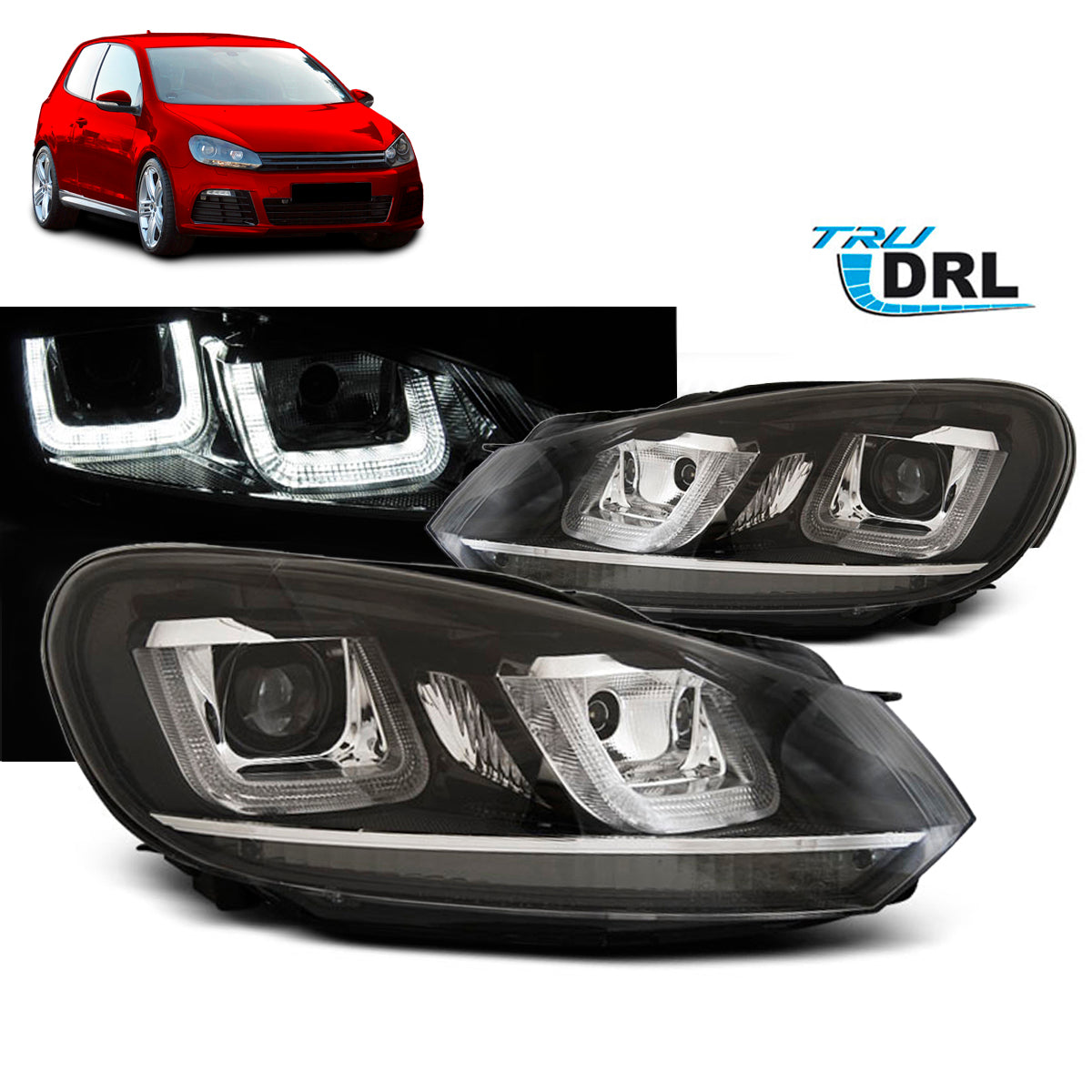 Scheinwerfer U-LED Licht DRL Schwarz Chrom Linie passend für VW Golf 6 08-12