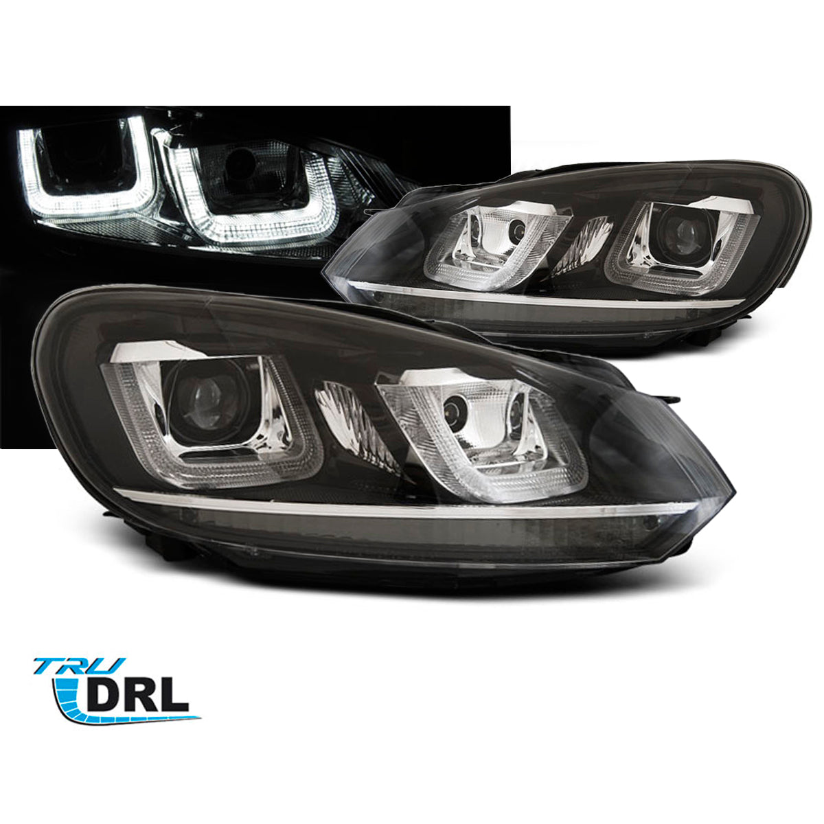Scheinwerfer U-LED Licht DRL Schwarz Chrom Linie passend für VW Golf 6 08-12
