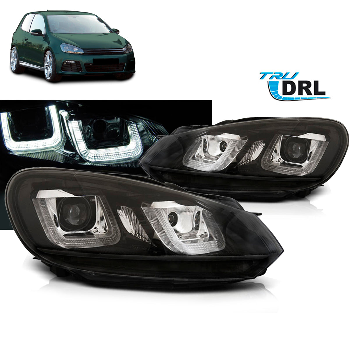 Scheinwerfer U-LED Licht DRL Schwarz Schwarz Linie passend für VW Golf 6 08-12