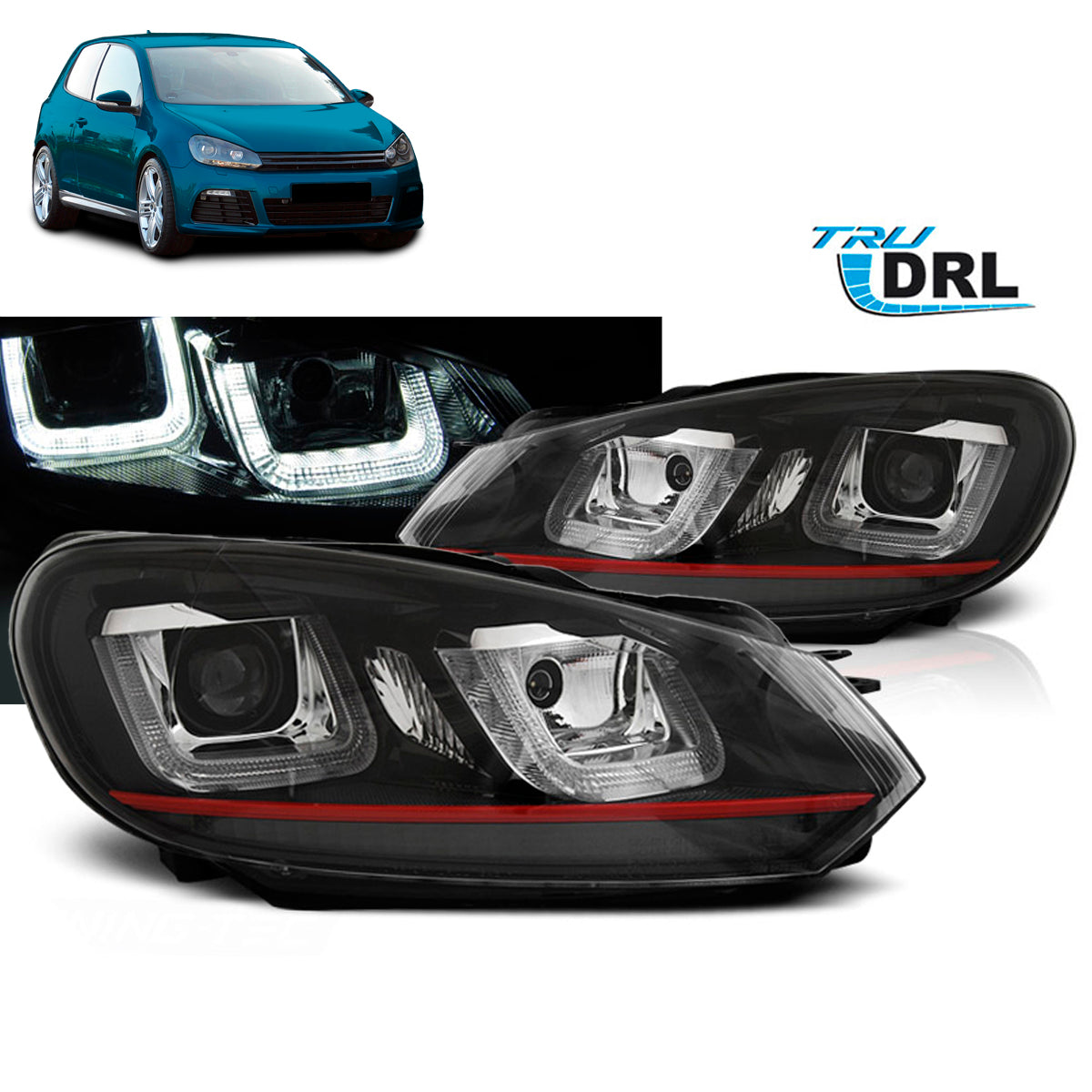 Scheinwerfer U-LED Licht DRL Schwarz Rot Linie passend für VW Golf 6 08-12