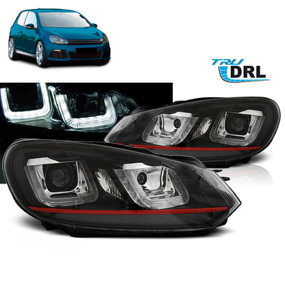 Scheinwerfer U-LED Licht DRL Schwarz Rot Linie passend für VW Golf 6 08-12