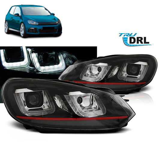 Scheinwerfer U-LED Licht DRL Schwarz Rot Linie passend für VW Golf 6 08-12