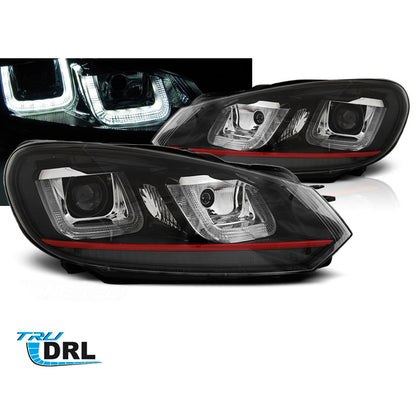 Scheinwerfer U-LED Licht DRL Schwarz Rot Linie passend für VW Golf 6 08-12
