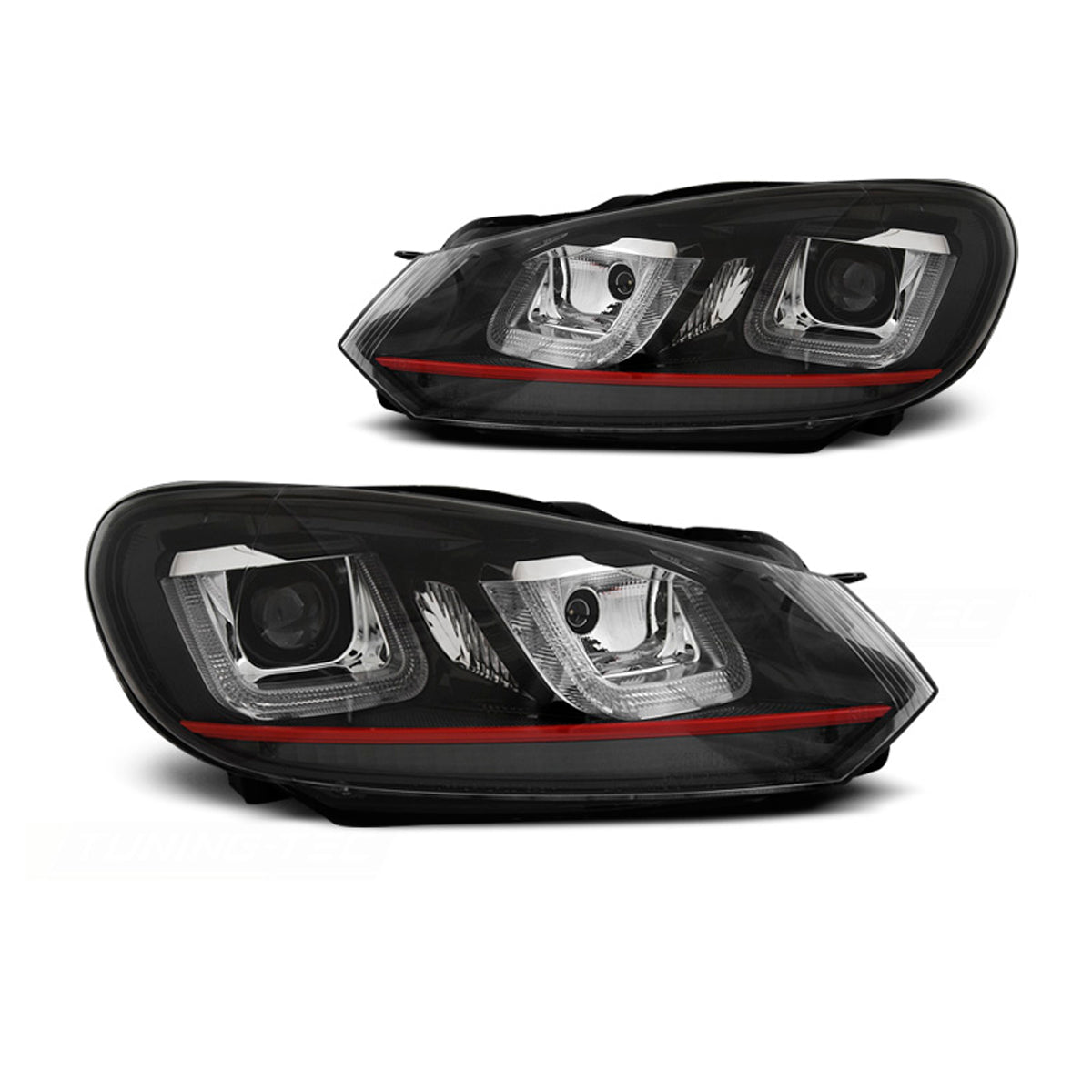 Scheinwerfer U-LED Licht DRL Schwarz Rot Linie passend für VW Golf 6 08-12