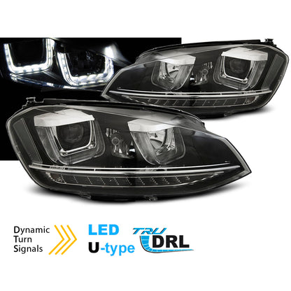 Scheinwerfer U-LED Licht DRL Schwarz Seq passend für VW Golf 7 11.12-17