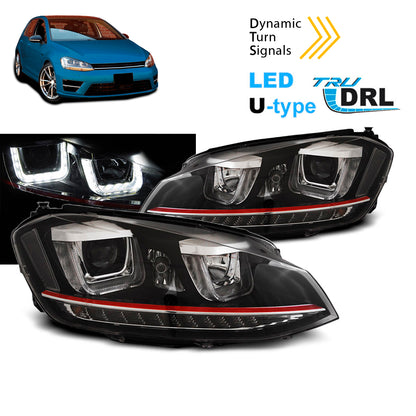 Scheinwerfer U-LED Licht DRL Schwarz RDD Linie Seq passend für VW Golf 7 11.12-17
