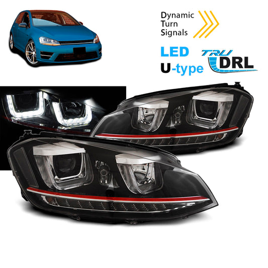 Scheinwerfer U-LED Licht DRL Schwarz RDD Linie Seq passend für VW Golf 7 11.12-17