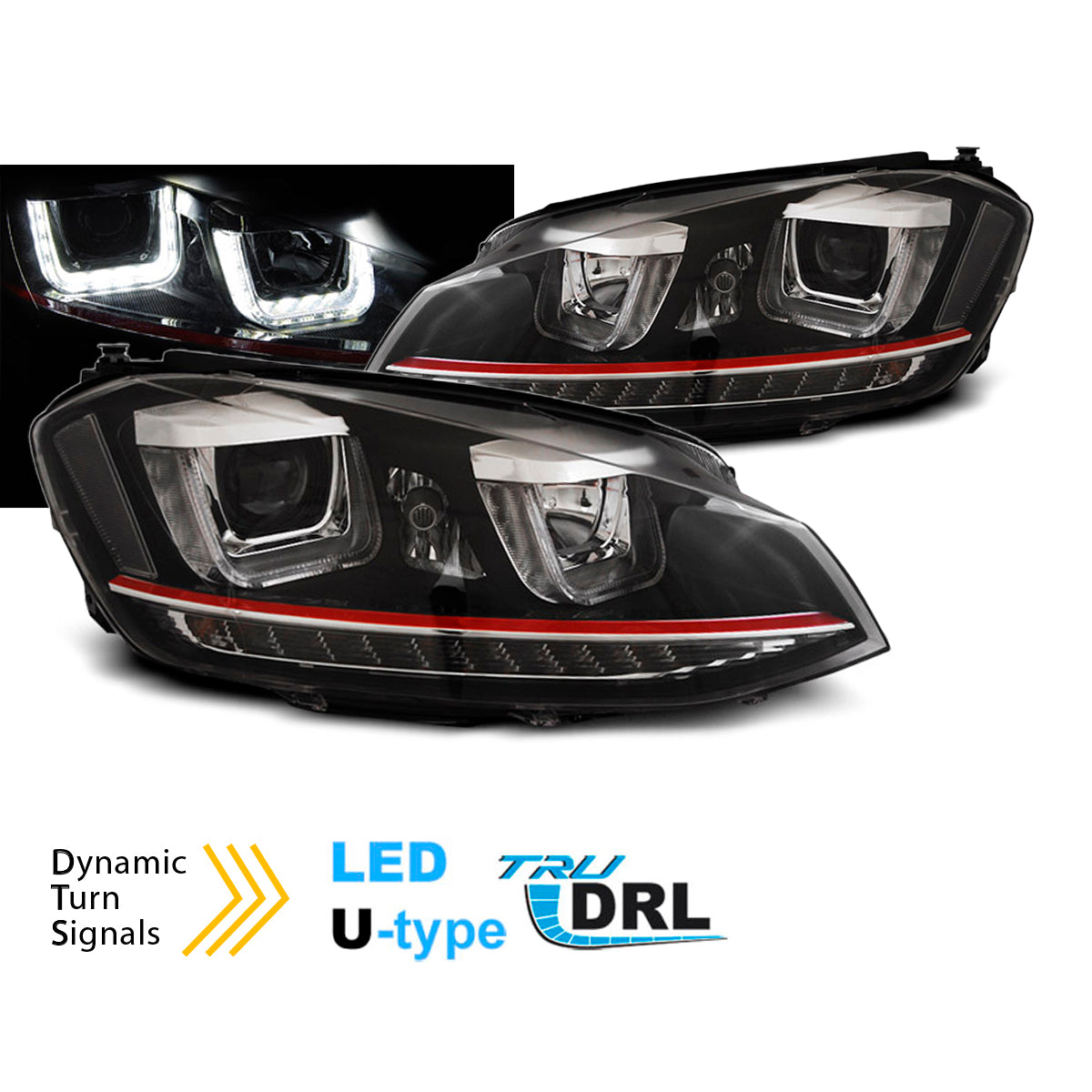 Scheinwerfer U-LED Licht DRL Schwarz RDD Linie Seq passend für VW Golf 7 11.12-17