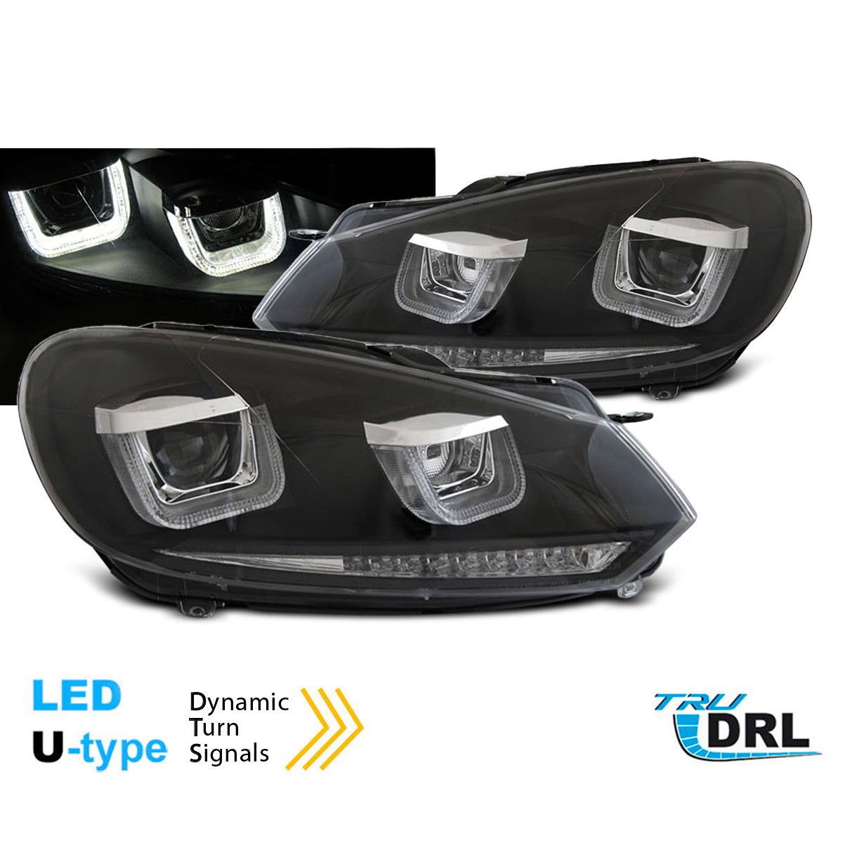 Scheinwerfer U-LED Licht DRL Schwarz Seq passend für VW Golf 6 08-12