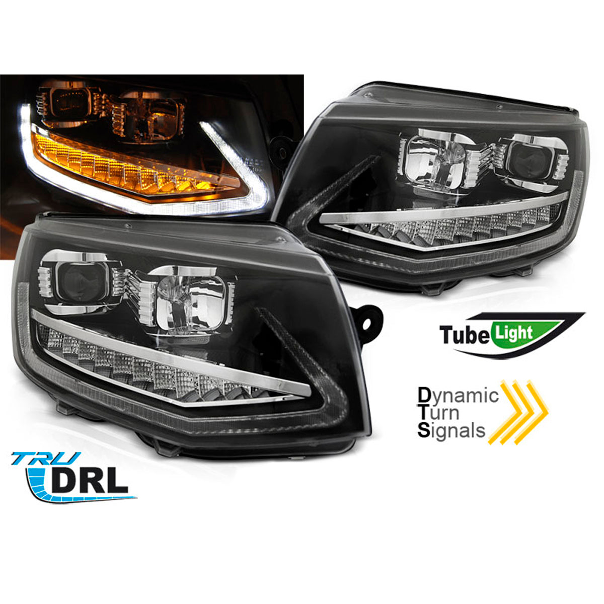 Scheinwerfer Röhrenlicht DRL Schwarz SEQ passend für VW T6 15-19