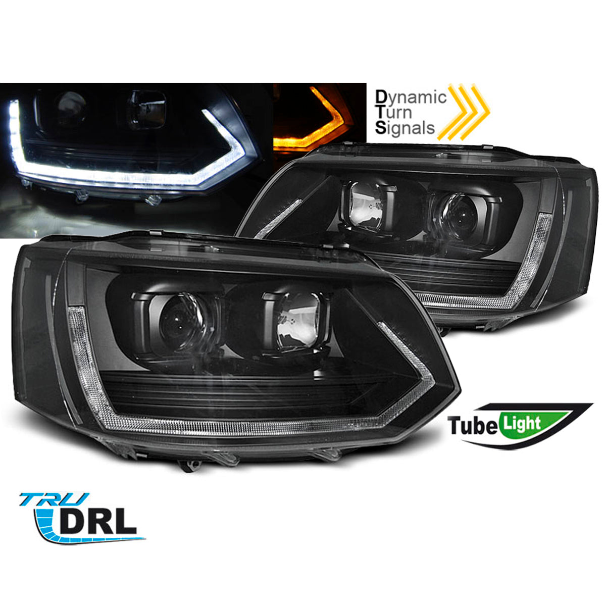 Scheinwerfer Röhrenlicht T6 Optik Schwarz passend für VW T5 2010-2015