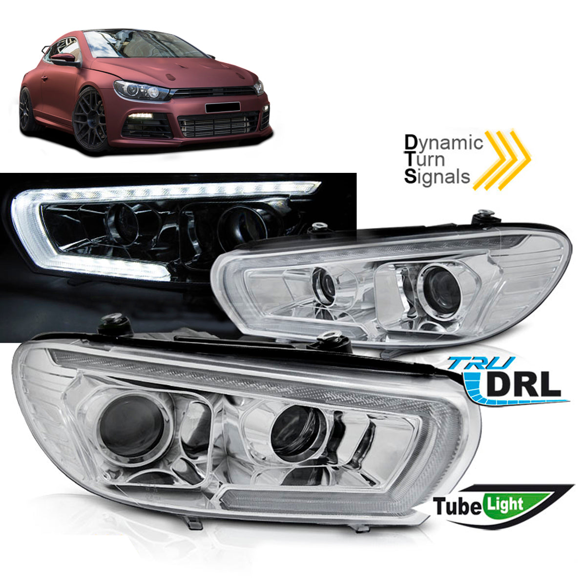 Scheinwerfer Röhren SEQ LED Chrom passend für VW Scirocco 08-04.14