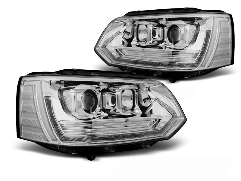 Tuning-Tec LED Tagfahrlicht Scheinwerfer für VW T5 GP (Facelift) 10-15 chrom im T6 Look mit dynamischem LED Blinker