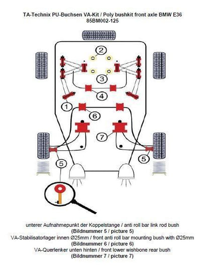 TA Technix PU-​Buchsen Kit 12-​teilig / Vorderachse mit Ø 25mm Stabi / passend für BMW 3er Serie E36 Compact / 3er Serie E...