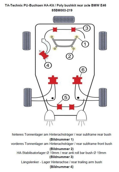 TA Technix PU-​Buchsen Kit 20-​teilig / Hinterachse mit Ø 19mm Stabi / passend für BMW 3er Serie E46 / E46 Compact