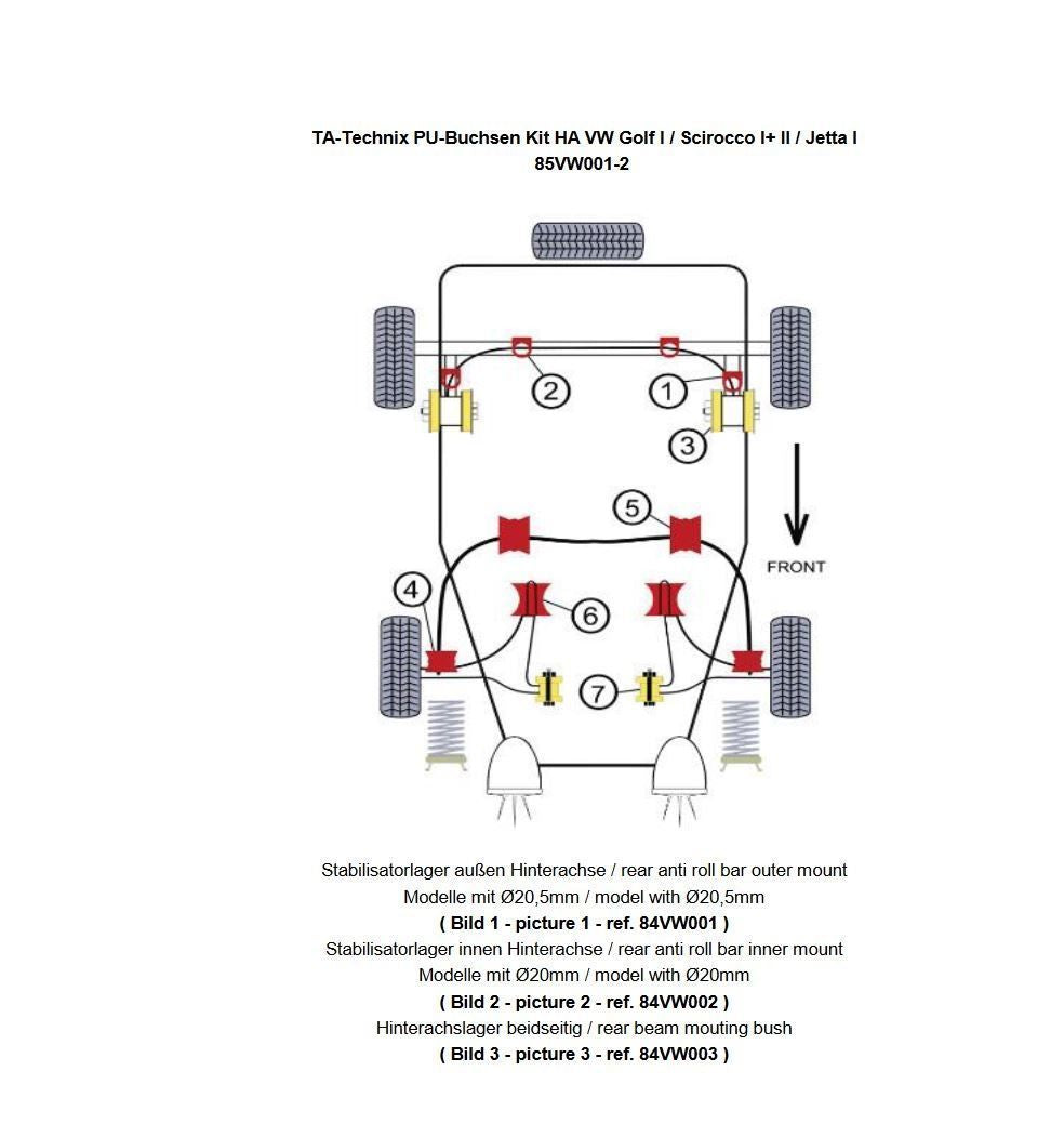 TA Technix PU-​Buchsen Kit 14-​teilig, Hinterachse passend für VW Golf I / Scirocco I+ II / Jetta I