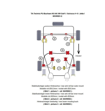 TA Technix PU-​Buchsen Kit 14-​teilig, Hinterachse passend für VW Golf I / Scirocco I+ II / Jetta I