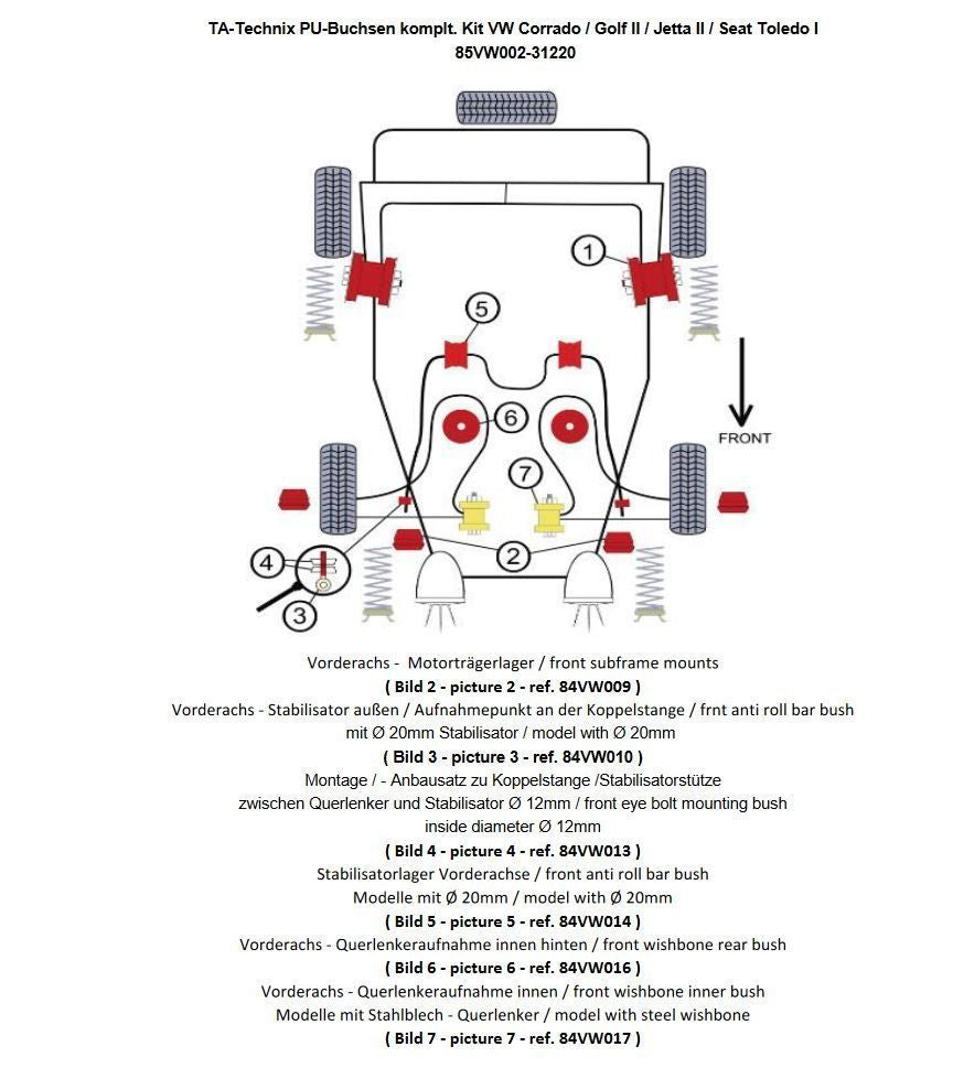 TA Technix PU-​Buchsen Kit 24-​teilig, VA+ Hinterachse passend für VW Corrado / Golf II / Jetta II / Seat Toledo I
