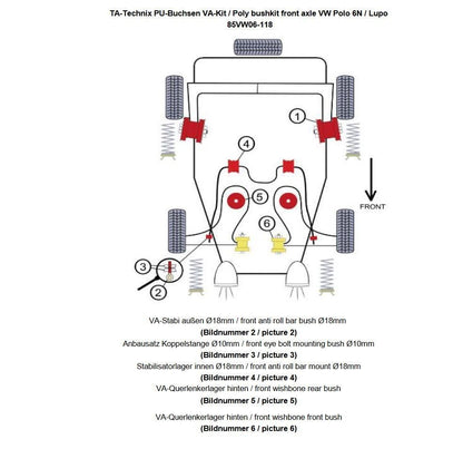 TA Technix PU-​Buchsen Kit 26-​teilig / Vorderachse mit 18mm Stabi / passend für Seat Arosa (6H)/ VW Lupo (6X/6E)/ Polo (6...