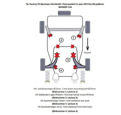 TA Technix PU-​Buchsen Kit 14-​teilig / Vorderachse mit Stabi 16mm +HA Ø =72mm / passend für Seat Ibiza, Cordoba (6L)/ Sko...