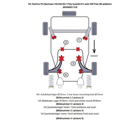TA Technix PU-​Buchsen Kit 14-​teilig / Vorderachse mit Stabi 19mm +HA Ø =72mm / passend für Seat Ibiza, Cordoba (6L)/ Sko...