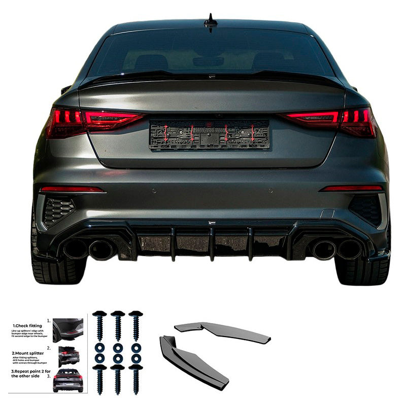 Oneway Heckschürzenansätze (Seitenteile) passend für Audi A3 8Y Limousine S3/S-Line 2020-2024 - Schwarz glänzend