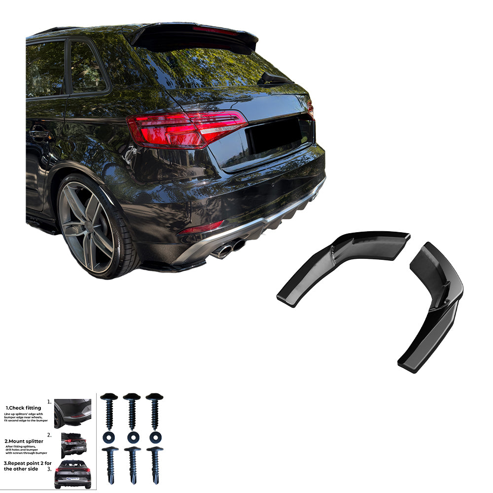 RS11.012 - Heckseitliche Diffusor Splitter passend für AUDI S3 Sportback 8V Facelift 2016-2019 Hochglanz Schwarz