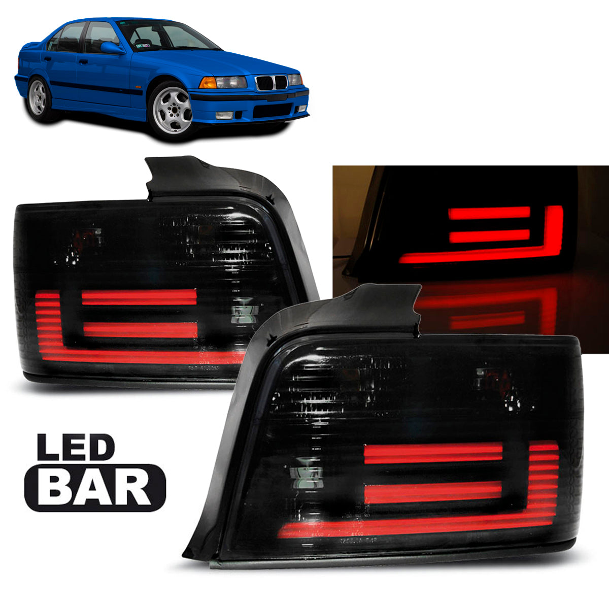 LED Leisten Rücklichter Rauch passend für BMW E36 12.90-08.99 Limousine