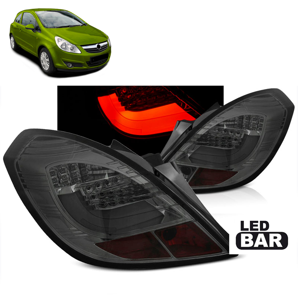 Rücklichter passend für Opel Corsa D 3D 04.06-14 Rauch LED Leiste
