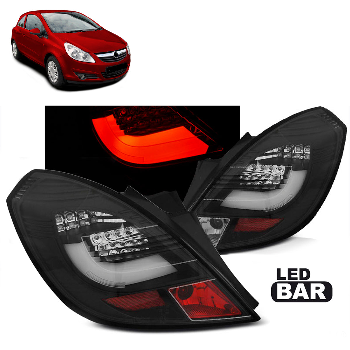 Rücklichter passend für Opel Corsa D 3D 04.06-14 Schwarz LED Leiste