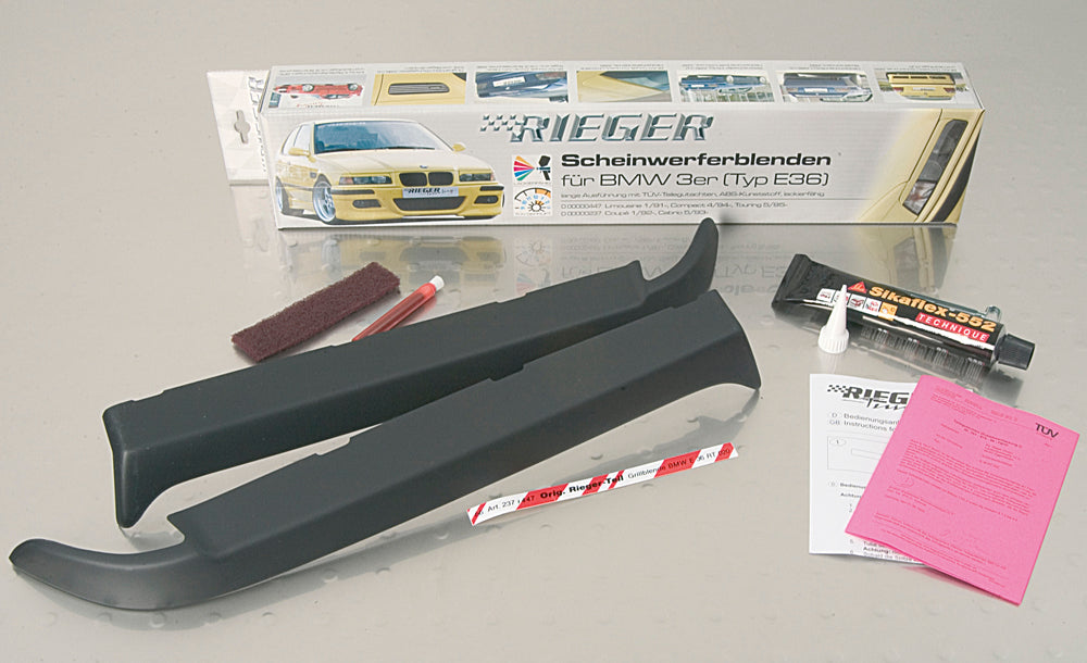 BMW 3er E36 Rieger Scheinwerferblenden Cabrio, Coupé NICHT GEEIGNET für XENONSCHEINWERFER !!! ABS, 
inkl. Gutachten, Montagezubehör