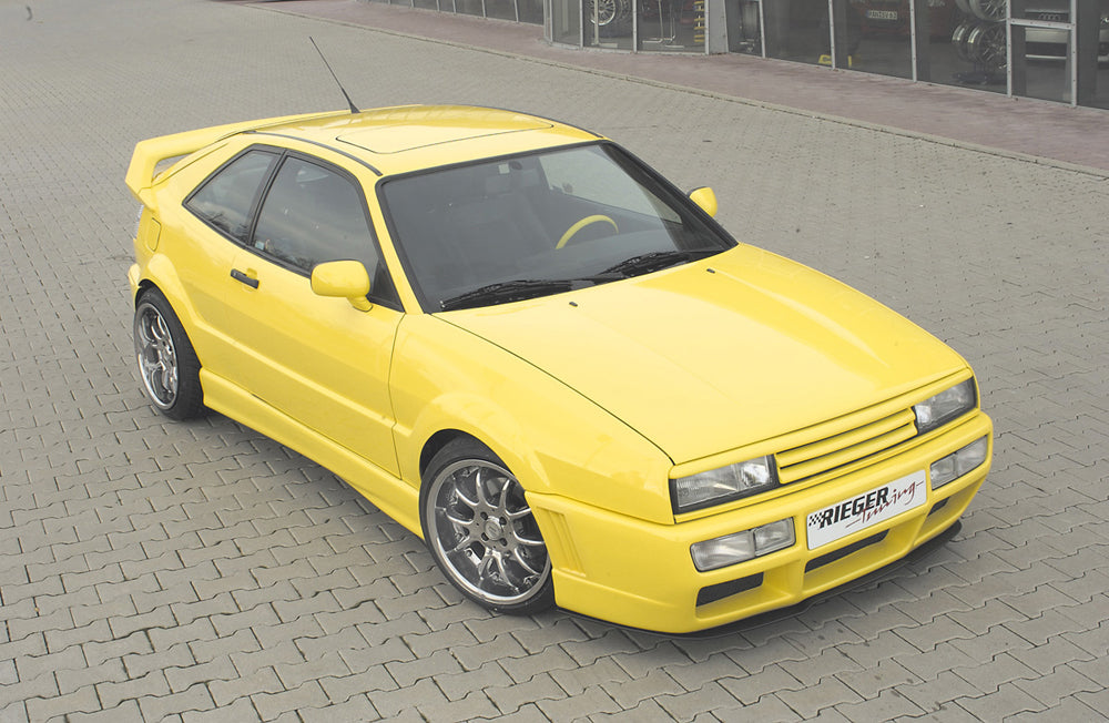 VW Corrado (53I) Rieger Spoilerstoßstange RS-Four Look nur G60 und 16V mit Lüftungsschlitzen, mit Aussparung für NSW, ABS, 
inkl. Alugitter, Gutachten, Montagezubehör